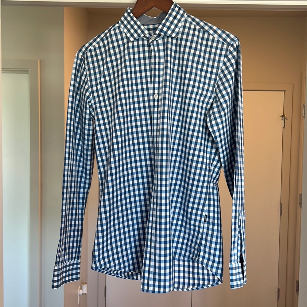 Hugo Boss Men’s Gingham Check Button Down Shirt Blue White Men's Medium
